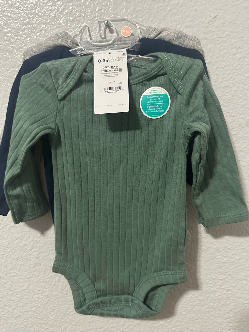 Carter's Ribbed Long-Sleeve One-Piece in Sage Green (3-Pack)